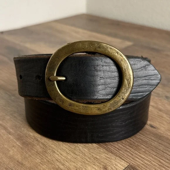 Vintage Western Leather Belt Brass Oval Buckle Black Womens Medium USA Made - Picture 1 of 7